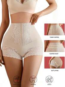 1pc Women Lace Shapewear Leggings, Seamless High Waist Tummy Control Pants, Sexy Floral Trim Slimming Underwear, Leggings