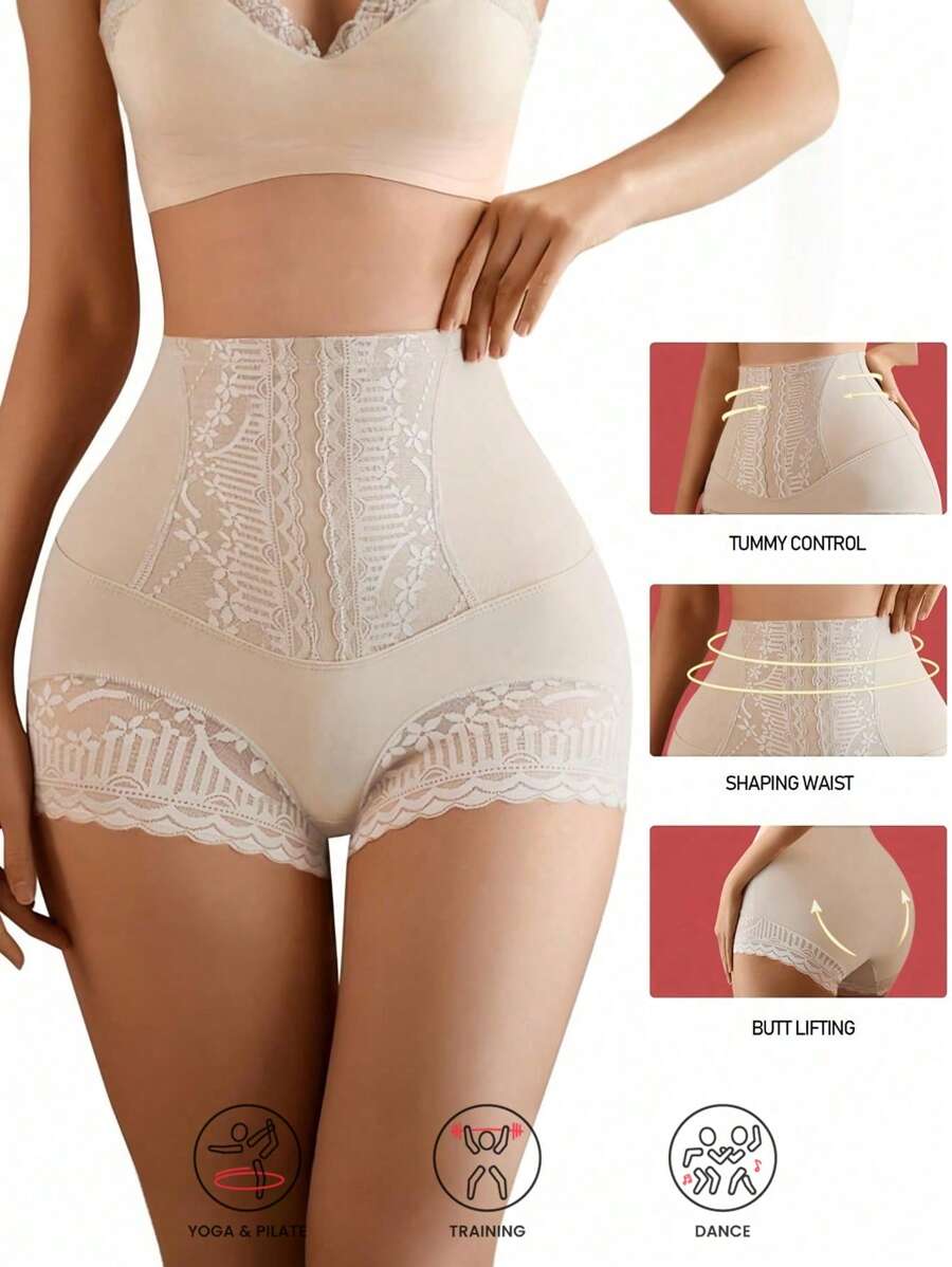 1pc Women Lace Shapewear Leggings, Seamless High Waist Tummy Control Pants, Sexy Floral Trim Slimming Underwear, Leggings