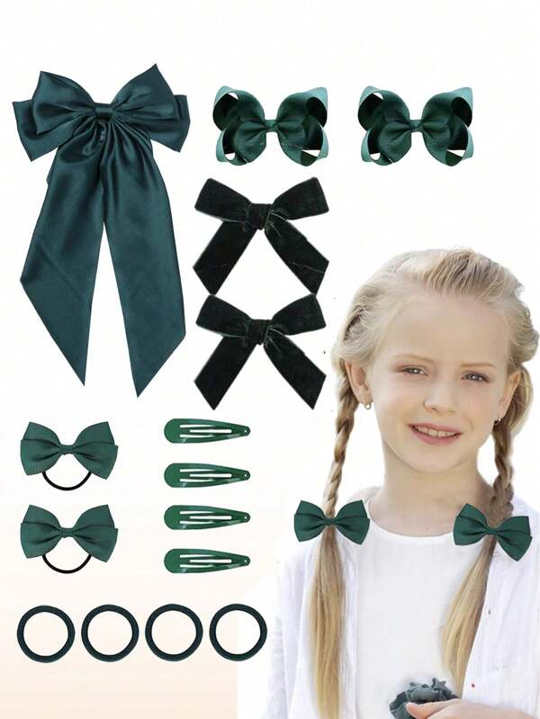 15pcs DIY Set Back To School Hair Bows For Girls Toddler Bows Clips Grosgrain Ribbon Alligator Clips Headband Hair Ties Kids Hair Accessories Christmas