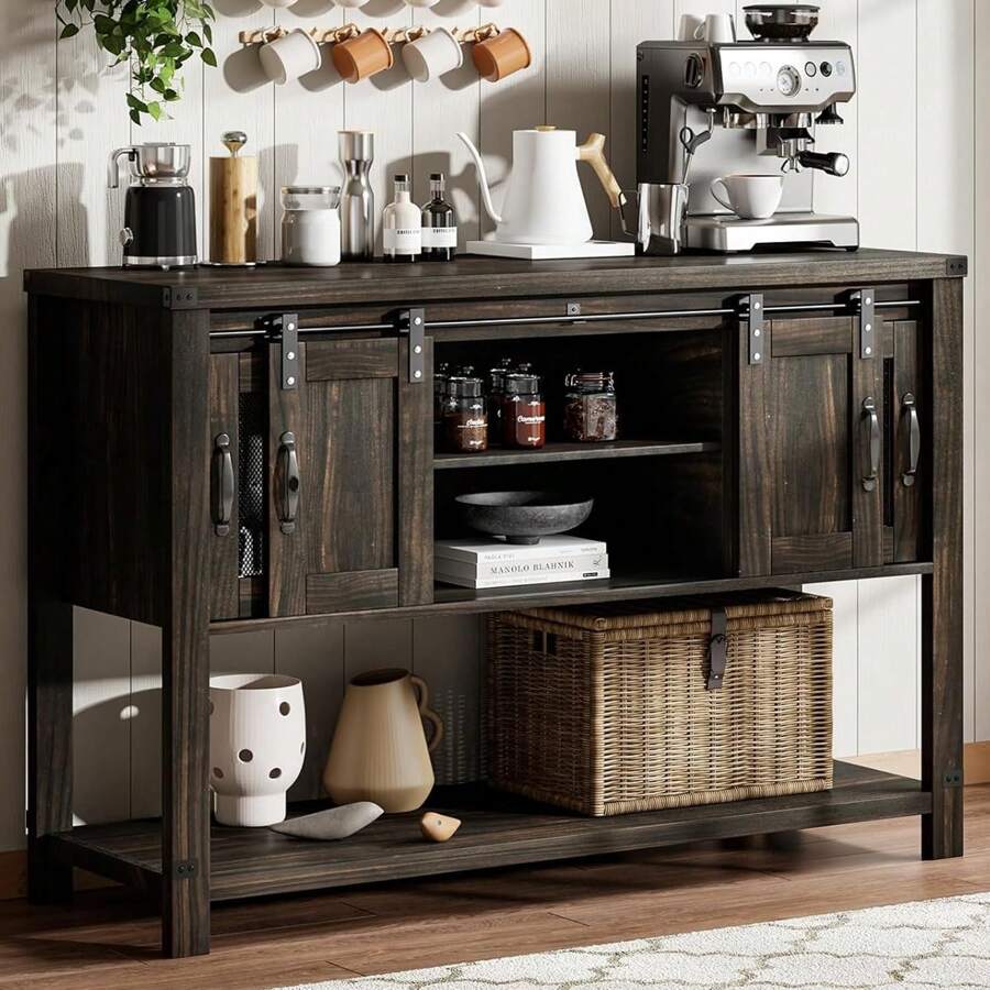 Farmhouse Buffet Cabinet With Storage, 47'' Kitchen Sideboard Buffet Cabinet, Coffee Bar Cabinet With Sliding Barn Door, Console Table For Kitchen, Dining, Living Room - 棕色 - 查看 1