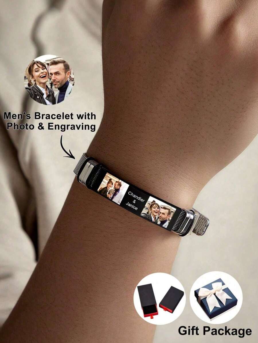 Custom Photo Engraved Name Bracelet, Personalized Stainless Steel Adjustable Picture Image Bracelet, Unique Jewelry Gift For Anniversary And Birthday - Black - View 1