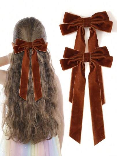 2PCS Girl's Velvet Long Tail Bow Hair Clips, Ribbon Bow Hair Clips For School Girls, Ponytail Holder Accessories Metal Clips Hair Bow For Girls Teens Halloween Party Christmas