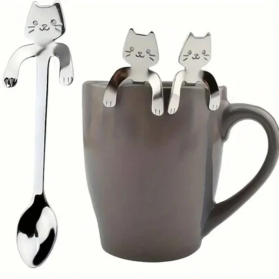 1 pieza Cuchara de acero inoxidable con diseño de gato y perro de dibujos animados, cuchara de postre, cuchara colgante para taza de café, cuchara para revolver taza con diseño de gato