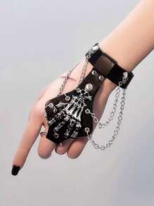 Skeleton Spider Web Darkly Chain Fingerless Punk Halloween Gloves - Multicolor - View 9