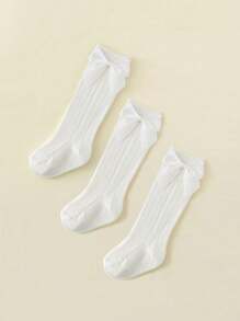 3 Pairs Girls White Bow Decor Ribbed Knee High Socks, Suitable For School Uniform With Elementary & Middle School Students - White - View 3