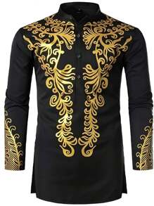 男士长袖非洲传统金色印花纽扣衬衫 - 黑色 - 查看 2