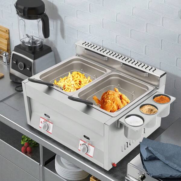 Aohuada Commercial Gas Deep Fryer, Stainless Steel Countertop Gas Fryer, LPG Gas Deep Fryer With 2 Basket, Deep Fryer For Commercial Restaurant Use, Silver