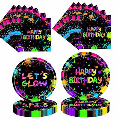 10pcs/20pcs/40pcs, Neon Party Plates,Cups And Napkins Tableware Set, Glow Birthday Supplies, Luminous Graffiti Tableware For Serving Disposable Paper Plates Dessert Napkins, Make Glow Birthday Party Tableware, Neon Plates And Napkins, Neon Party Decorations, Christmas