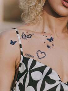 1 miếng dán hình xăm tạm thời từ nước ép thảo dược, họa tiết nơ và trái tim dễ thương kiểu Y2K, chống thấm nước 7-14 ngày, dùng cho vai, cổ, xương quai xanh. - Màu xanh lam - Xem 4