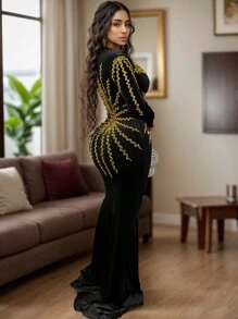 Women Fitted Solid Color Sexy Rhinestone Long Sleeve Bodycon Dress, Elegant Formal Evening Gown, For Wedding Guest, Graduation, Dinner Party Dress - 金色 - 查看 2