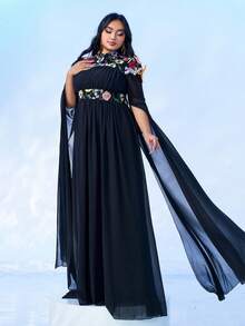 seomiscky Váy dạ hội thanh lịch tay dài họa tiết hoa cỡ lớn, váy dự tiệc cưới, váy dạ hội trang trọng màu đen, dành cho khách dự tiệc cưới, tốt nghiệp, tiệc tối - màu đen - Xem 7