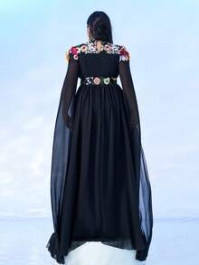 seomiscky Váy dạ hội thanh lịch tay dài họa tiết hoa cỡ lớn, váy dự tiệc cưới, váy dạ hội trang trọng màu đen, dành cho khách dự tiệc cưới, tốt nghiệp, tiệc tối - màu đen - Xem 4