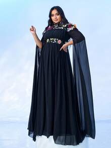 seomiscky Váy dạ hội thanh lịch tay dài họa tiết hoa cỡ lớn, váy dự tiệc cưới, váy dạ hội trang trọng màu đen, dành cho khách dự tiệc cưới, tốt nghiệp, tiệc tối - màu đen - Xem 6