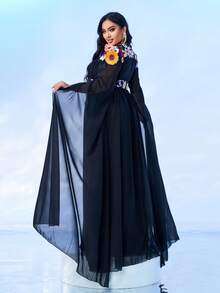 seomiscky Váy dạ hội thanh lịch tay dài họa tiết hoa cỡ lớn, váy dự tiệc cưới, váy dạ hội trang trọng màu đen, dành cho khách dự tiệc cưới, tốt nghiệp, tiệc tối - màu đen - Xem 2