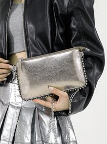 Ladies' Vintage Gun Color Faux Metallic Commute Envelope Crossbody Bag,With Beaded Chain, Funky, Punk & Bag For Street Wear - Bronze - View 3