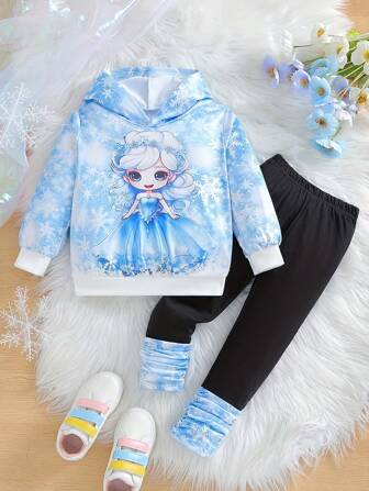 2pcs/Set Young Girls Cute Cartoon Princess Print Hooded Top + Matching Pants, Casual Outfit