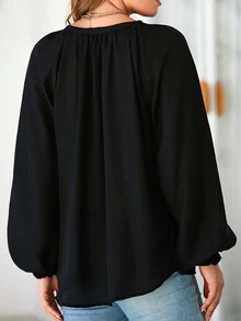 Sequined Halloween Ghost Print Notched Neckline Lantern Sleeve Blouse - Black - View 3