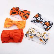 2 件装欧美风格南瓜、蝙蝠、魔鬼蝴蝶结儿童头带和发带，万圣节主题橙色和黑色印花，适合婴儿和幼儿 - 橘色 - 查看 2