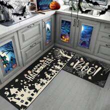 1/2pcs Halloween Themed Kitchen Mat, Ghost & Letter Pattern Design For Home, Room, Halloween Decoration