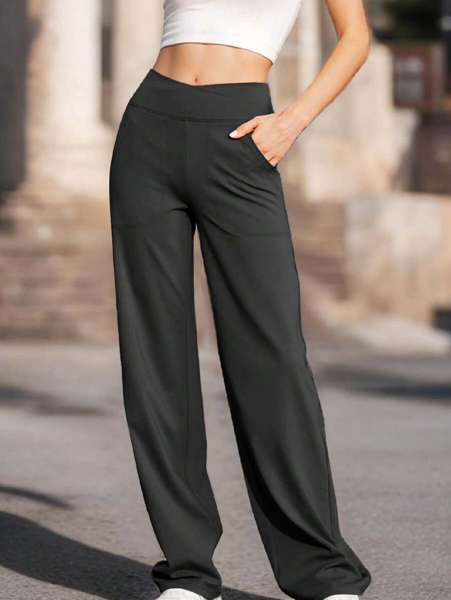 Women Loose Yoga Pants Wide Leg Pants With Pockets - màu đen - Xem 1