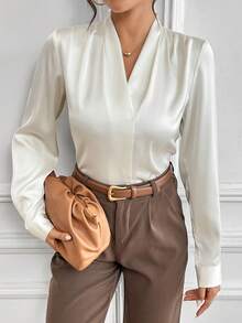 Women Solid Color Elegant Long Sleeve Blouse - Apricot - View 3