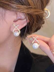 5pcs/Set Rhinestone & Faux Pearl Geometric Square Shape Tassel Stud Earrings Set For Women