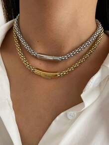 Monlansher 1pc New Hollow Stainless Steel Round Snake Bone Necklace, Fashionable Minimalist Chic Luxury European & American Metal Style, Versatile For Casual, Club, Hip Hop Wear - Hollow Necklace - View 1