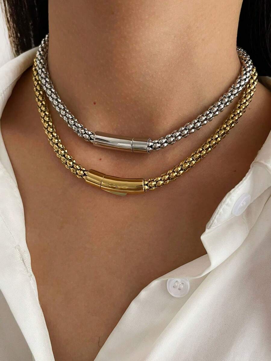 Monlansher 1pc New Hollow Stainless Steel Round Snake Bone Necklace, Fashionable Minimalist Chic Luxury European & American Metal Style, Versatile For Casual, Club, Hip Hop Wear - Hollow Necklace - View 1