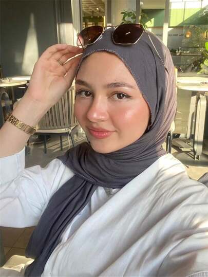 1 pieza Hiyab de jersey unicolor suave, bufanda de cuello de algodón sedoso, envoltura de cabeza de estilo árabe con punto