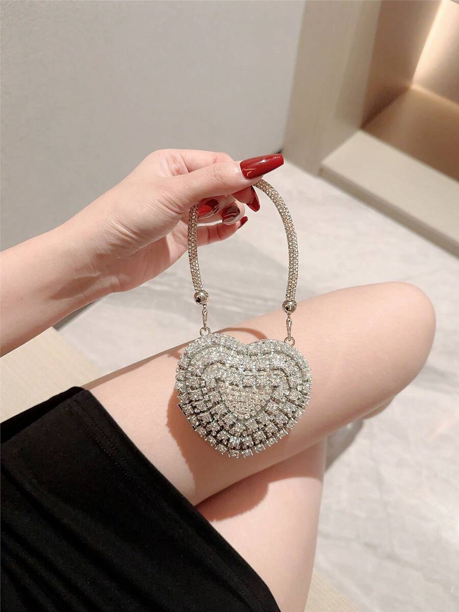 1pc Glittering Cute Mini Rhinestone Heart Shaped Clutch Bag, Luxury High-End Sparkling Tassel Rhinestone Handbag For Party/Wedding, Suitable For Valentine's Day Gift, Date, Limited Space, Party Bags, Perfect For Party, Wedding, Prom, Dinner/Banquet, Heart Purse, Perfectly Match With Valentine Day Dress, Glamorous Rhinestone Bag