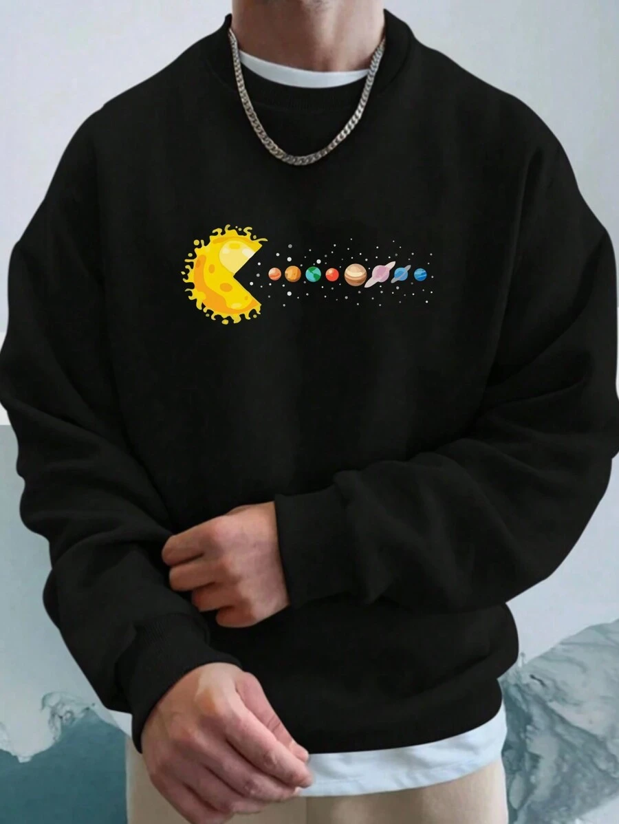 Standardstorlek för män Casual Planet Print Crew Neck Sweatshirt - Svart - Visa 1
