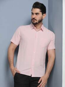 Camisa social masculina manga curta estampa com bolso de Algodão 61 ,poliester39  - camisa fresca - Confortável - Rosa Bebê - Visão 3