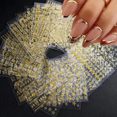 30 piezas de calcomanías de uñas de color dorado con respaldo adhesivo, diseño de líneas y lunas para decoración de arte de uñas, accesorios de uñas DIY para mujeres y niñas