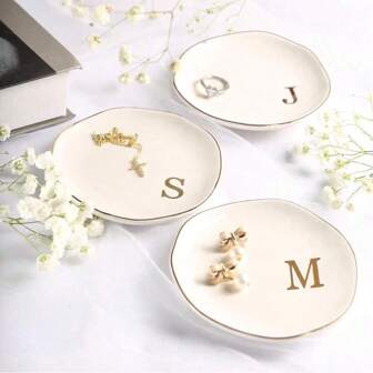 1PC Letters Pattern Ceramic Jewelry Tray, Asymmetrical Round Jewelry Storage Dish, Ring, Necklace, Earrings Collection Storage And Display, Wedding Souvenirs Gift For Wedding Souvenirs Valentine's Day Mother's Day Back To School