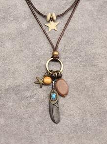 1pc Turquoise Feather Pendant Necklace For Women, Vintage Style Brown Beaded Wax Cord Necklace