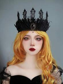 哥特式女王皇冠 - 涤纶混纺黑色绷带皇冠，带珠宝细节，无羽毛，万圣节女孩派对朋克装饰配件女巫 - 彩色 - 查看 2