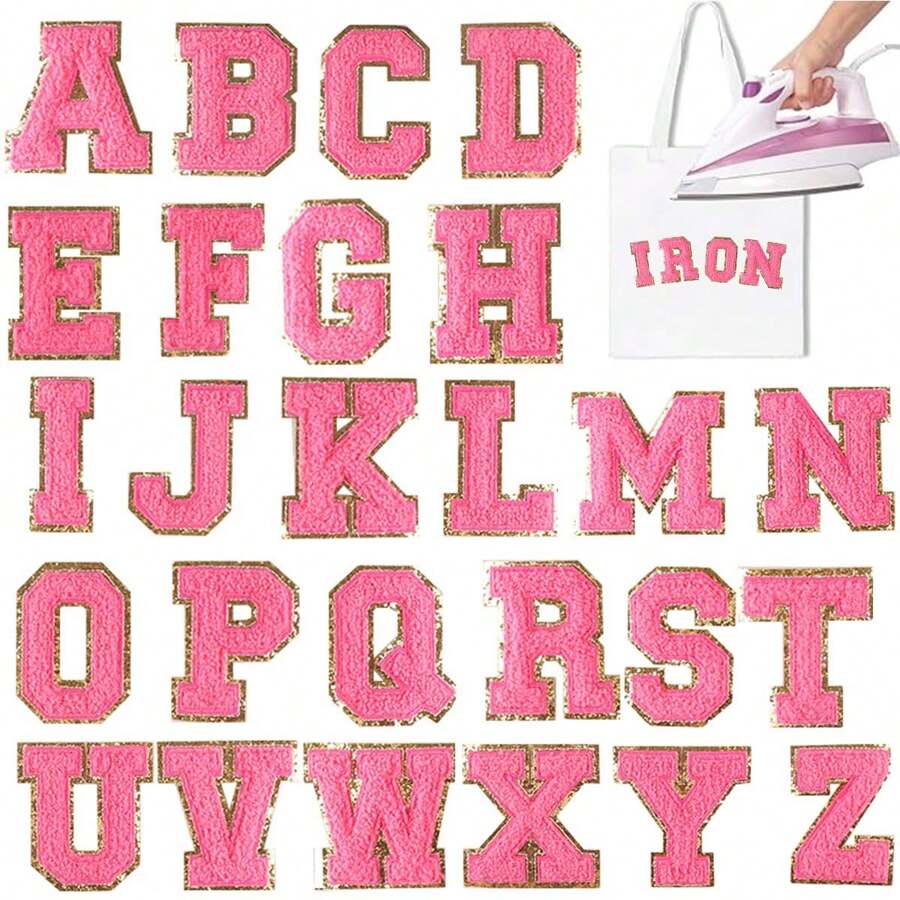 熨烫字母补丁 26 件 A-Z 字母补丁动物形状 DIY 图案熨烫或缝制补丁贴花适用于牛仔裤夹克背包 - 玫紅色 - 查看 1