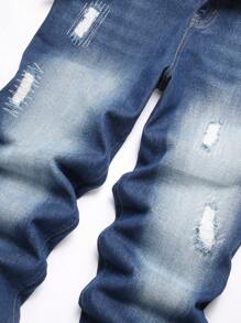 男士时尚独特破洞牛仔裤 - 中等水洗藍 - 查看 3