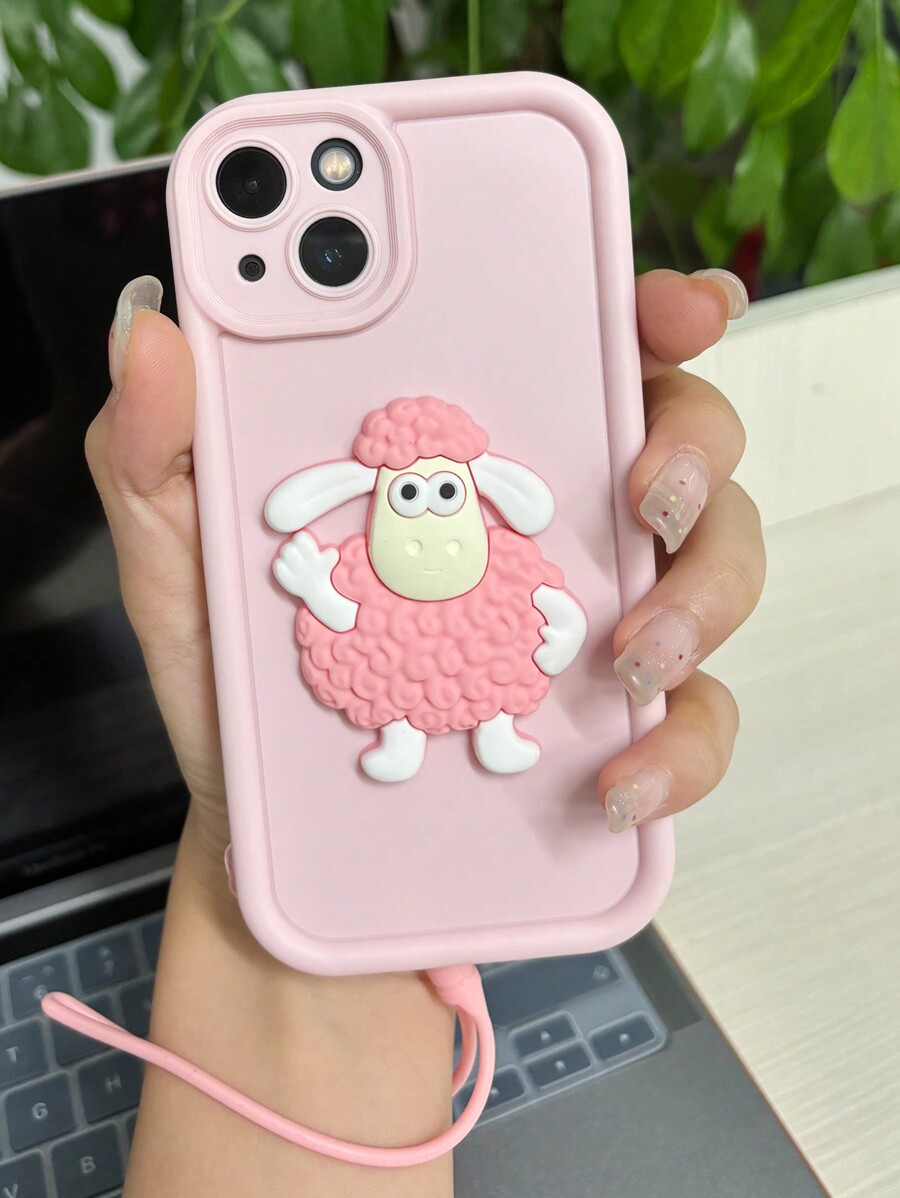 Creative 3D Cartoon Sheep Lanyard Protective Case For Apple IPhone 15