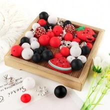 55Pcs/Bag Fruit Flower Cactus Silicone Focal Beads Round Beads Silicone Lentil Beads Set Use For Beadable Pen Keychain DIY Handmade Accessories