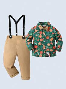 BOARNSEORL 2pcs Young Boys Gentleman Outfit, Collared Long Sleeve Shirt With Bowknot And Suspender Pants, Fashionable And Stylish For Holidays, Christmas, Weddings, Birthday Parties, Events