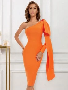 New Sexy Women One Shoulder Long Sleeve Bandage Dress With Oversized Bow Design For Party - Orange - View 5