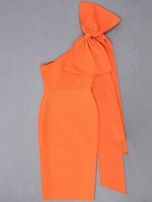 New Sexy Women One Shoulder Long Sleeve Bandage Dress With Oversized Bow Design For Party - Orange - View 7