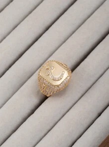 1 件女式嘻哈风格全水钻 18K 镀金首字母阿拉伯字母开口戒指 - 金色 - 查看 22
