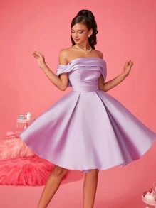 Váy dự tiệc hở vai sang trọng hợp thời trang dành cho nữ, váy dạ hội bán trang trọng thanh lịch, dành cho sinh nhật, khách dự tiệc cưới, tiệc tốt nghiệp - Màu tím hoa cà - Xem 4