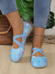 Flat Round Toe Fashion Butterfly Flower Casual Slip-On Loafers For Women, Elastic Strap, Breathable