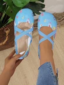 Flat Round Toe Fashion Butterfly Flower Casual Slip-On Loafers For Women, Elastic Strap, Breathable