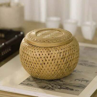 1pc 3.9/5.1/6.7 Inch Double Layer Handwoven Bamboo Tea Caddy, Tea Strainer, Tea Basket, Snack & Dried Fruit Storage Basket With Lid, Nest-Shaped Bamboo Basket