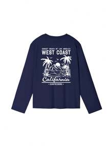 1 件女童休闲趣味椰子树印花圆领长袖 T 恤，宽松版型，学生装，2024 年秋冬