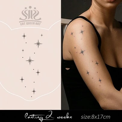 1 miếng dán hình xăm tạm thời từ nước ép thảo dược, hình xăm tối giản, họa tiết ngôi sao nhỏ xinh, chống thấm nước và không phản chiếu trong 7-14 ngày, thích hợp cho xương quai xanh, bàn tay, cánh tay, cổ tay, vai, cổ, chân.